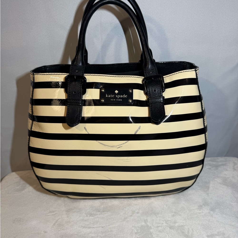 Kate Spade NY Black White Striped Patent Leather Tote‎ Bag